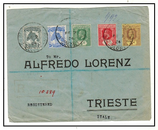 GILBERT AND ELLICE IS - 1924 multi franked registered cover to Italy.