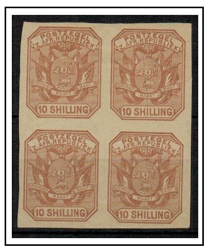 TRANSVAAL - 1885 10/- IMPERFORATE COLOUR TRIAL block of four printed in issued colour.