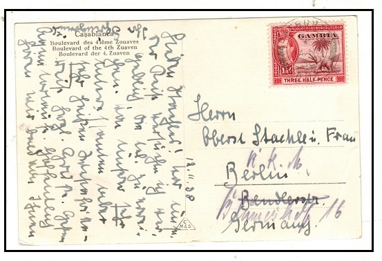 GAMBIA - 1938 use of postcard to Germany with scarce 1 1/2d (SG 152) used at BATHURST.