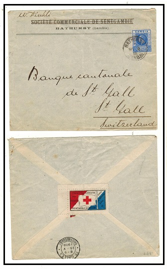 GAMBIA - 1916 2 1/2d rate cover to Switzerland with RED CROSS label on reverse.