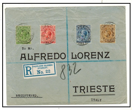 FALKLAND ISLANDS - 1924 multi franked registered cover to Italy used at PORT STANLEY.