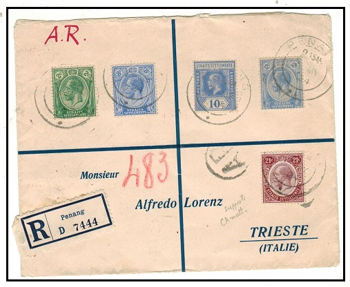 MALAYA - 1924 multi franked registered cover to Italy with 