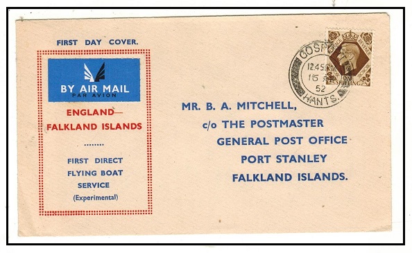 FALKLAND ISLANDS - 1952 inward first flight cover from UK on the experimental flying boat service.