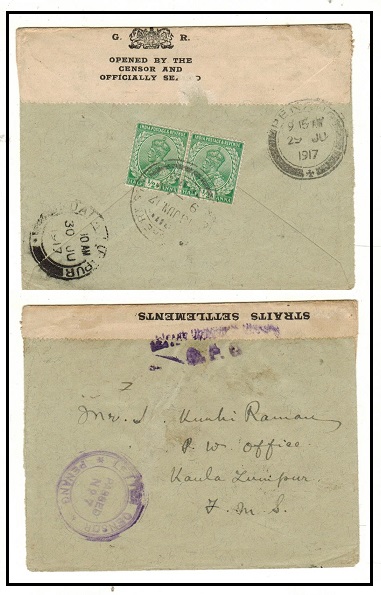 MALAYA - 1917 inward cover from India with  