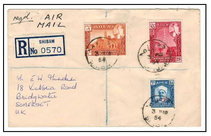 ADEN - 1954 registered cover to UK used at SHIBAM.