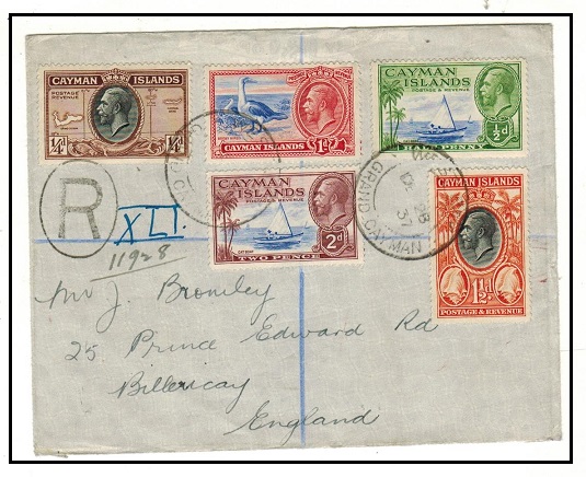 CAYMAN ISLANDS - 1937 multi franked registered cover to UK used at WEST BAY/GRAND CAYMAN.