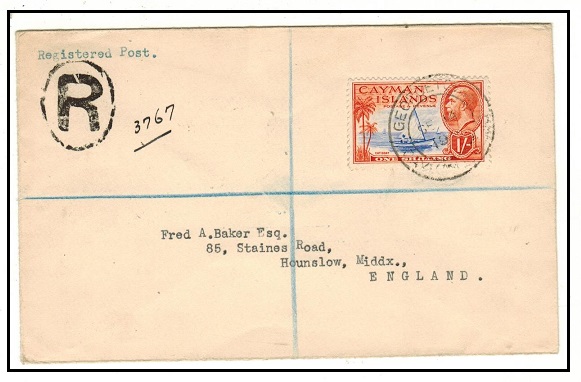 CAYMAN ISLANDS - 1936 1/- rate registered cover to UK used at GEORGETOWN.
