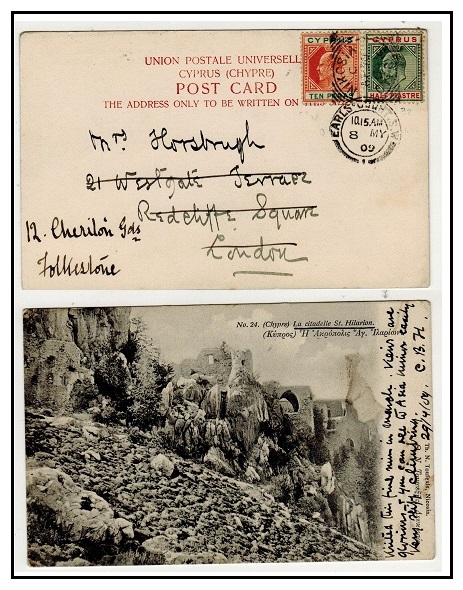 CYPRUS - 1909 10p+1/2p adhesives on postcard to UK used at NIKOSIA.