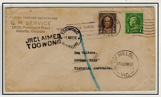 AUSTRALIA - 1928 inward cover from USA with UNCLAIMED/TOOWONG h/s applied.