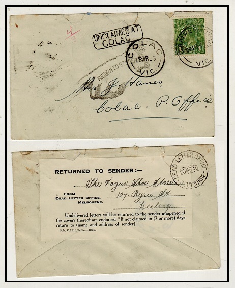 AUSTRALIA - 1936 1d rate local cover with UNCLAIMED AT/COLAC h/s applied and DEAD LETTER label.
