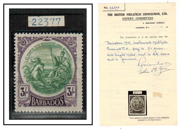 BARBADOS - 1920 3/- green and bright violet fine mint. BPA certificate.  SG 200a.