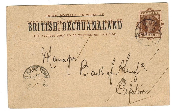 BECHUANALAND - 1888 1d PSC to Cape Town used at VRYBURG.  H&G 4.