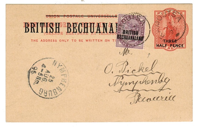 BECHUANALAND - 1893 1 1/2d on 1d red PSC to Germany uprated with additional 1d at RAMOUTSA.  H&G 8.