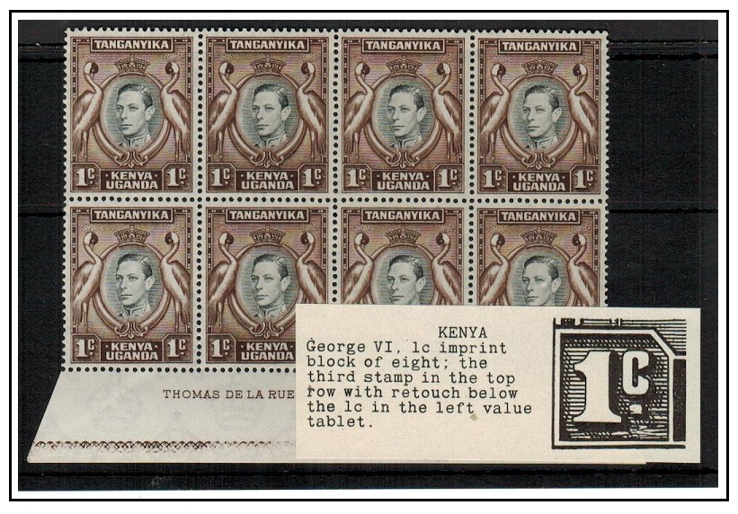 K.U.T. - 1938 1c brown and chocolate U/M imprint block of 8 with DAMAGED VALUE TABLET.  SG 131ac.