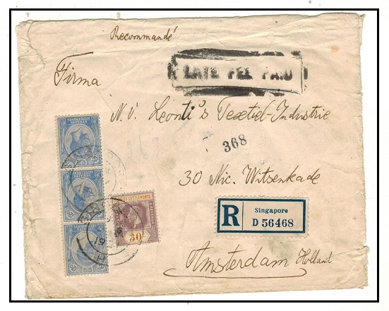 SINGAPORE - 1924 worn registered cover to Holland with scarce 