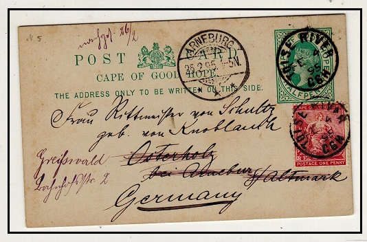CAPE OF GOOD HOPE - 1892 1/2d green PSC uprated to Germany used at TOISE RIVER.  H&G 5.