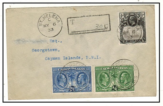 ST.HELENA - 1933 1/2d underpaid cover to Caymans bearing Cayman Island 1/2d+2 1/2d stamps as dues.