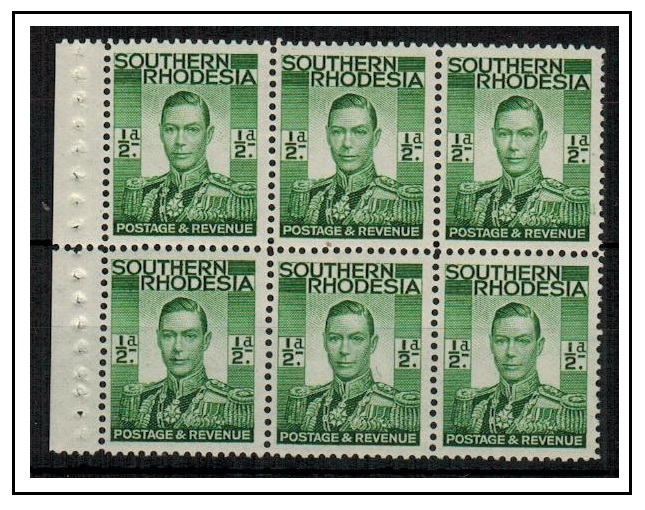 SOUTHERN RHODESIA - 1937 1/2d green U/M BOOKLET PANE of six.  SG 40.