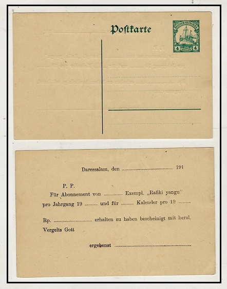 TANGANYIKA - 1912 4h green PSC unused with pre-printed acknowledgement reverse.  H&G 23.