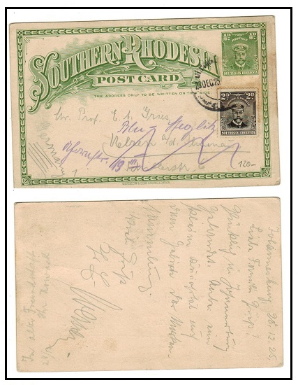 SOUTHERN RHODESIA - 1924 1/2d green PSC uprated to Germany and used at JOHANNESBURG.  H&G 1.