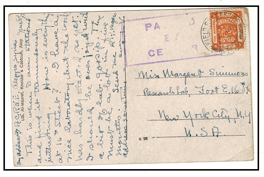 PALESTINE - 1919 5m rate postcard use to USA at FIELD POST OFFICE/H.M. and censored.