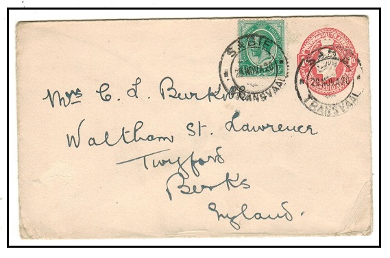 SOUTH AFRICA - 1913 1d red PSE uprated to UK as SABIE/TRANSVAAL.  H&G 1a.