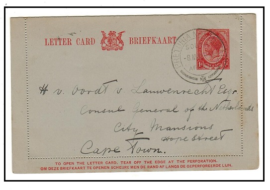 SOUTH AFRICA - 1913 1d red stationery letter card to Cape Town used at PRETORIA NORTH RAIL.  H&G 1.