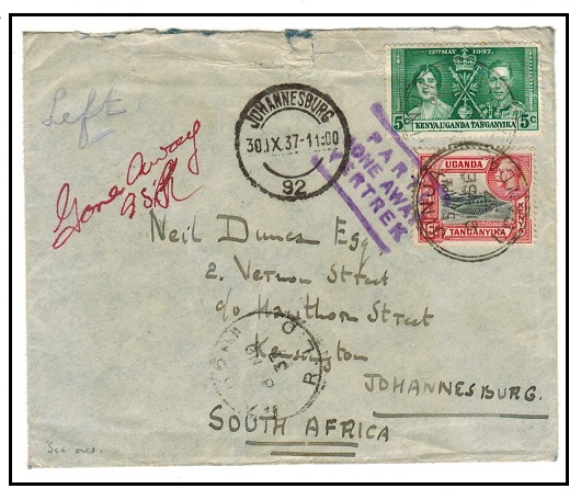 SOUTH AFRICA - 1937 inward cover from KUT struck 