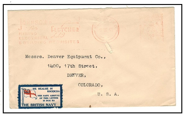 SOUTHERN RHODESIA - 1941 3d red meter mark cover to USA from BULAWAYO with patriotic label.