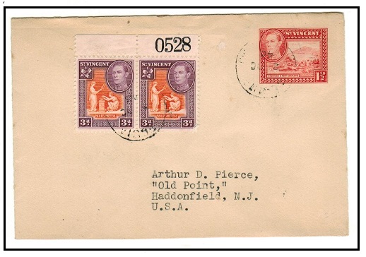 ST.VINCENT - 1938 1 1/2d red PSE uprated to USA used at BEQUIA/ST.VINCENT.  H&G 2.