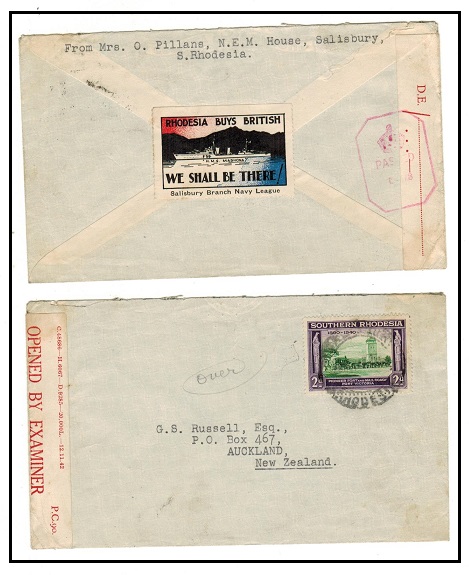 SOUTHERN RHODESIA - 1942 RHODESIA BUYS BRITISH patriotic label on censored cover to New Zealand.