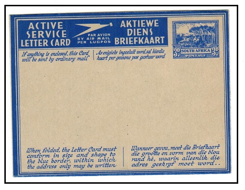 SOUTH AFRICA - 1942 3d ultramarine ACTIVE SERVICE (English) letter card unused.  H&G 5.