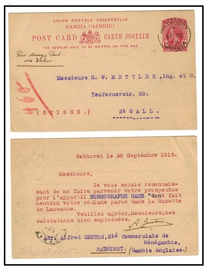 GAMBIA - 1912 1d deep rose PSC to Switzerland used at BATHURST/GAMBIA. H&G 9.