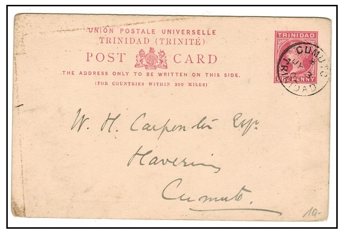 TRINIDAD AND TOBAGO - 1884 1d carmine PSC used locally at CUMUTO.  H&G 3.