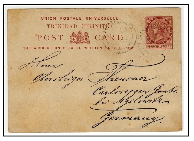 TRINIDAD AND TOBAGO - 1879 1 1/2d reddish brown PSC to Germany cancelled double arc TRINIDAD. H&G 1.
