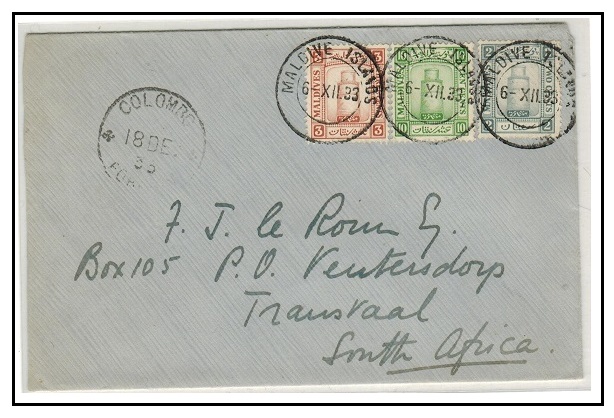 MALDIVE ISLANDS - 1933 15c rate cover to Transvaal used at MALDIVE ISLANDS.