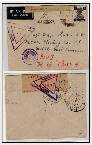 INDIA - 1942 military cover to MEF base with triangular violet PASSED BY CENSOR h/s.