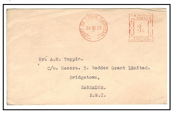 TRINIDAD AND TOBAGO - 1939 3c red meter mark cover to Barbados.