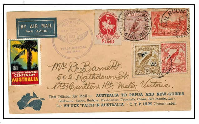 AUSTRALIA - 1934 first flight cover to Victoria with CENTENARY FUND label tied SHIP ROOM.