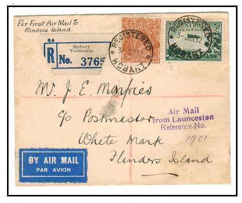 AUSTRALIA - 1932 registered cover to Flinders Island used at HOBART.