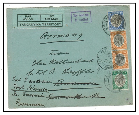 TANGANYIKA - 1933 75c rate air cover to Germany used at LUPEMBE with BY AIR TO/BRINDISI h/s.
