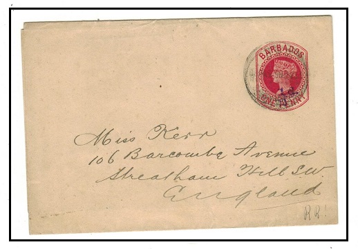 BARBADOS - 1892 1/2d violet on 1d carmine postal stationery wrapper addressed to UK.  H&G 3.