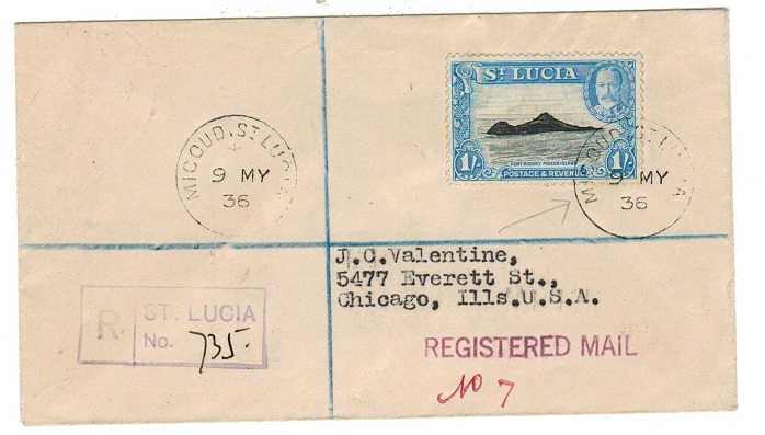 ST.LUCIA - 1936 registered cover to USA from MICOUD.