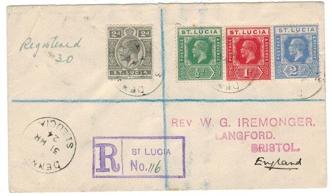 ST.LUCIA - 1924 registered cover to UK from DENNERY.