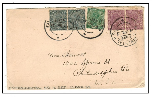 INDIA - 1933 cover to USA used at EXPERIMENTAL PO/C355.