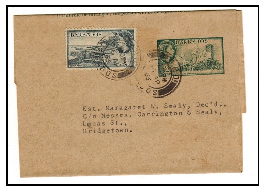 BARBADOS - 1953 2c green postal stationery wrapper uprated locally at GPO/BARBADOS.  H&G 8.