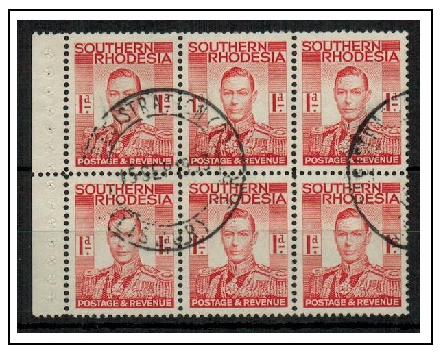 SOUTHERN RHODESIA - 1937 1d scarlet BOOKLET PANE of six used at REGISTRATION (2)/SALISBURY.