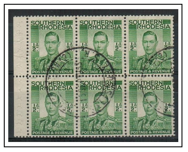 SOUTHERN RHODESIA - 1937 1/2d green BOOKLET PANE of six used at REGISTRATION (2)/SALISBURY.