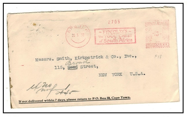 SOUTH AFRICA - 1932 -/3- red meter mark cover to USA with 