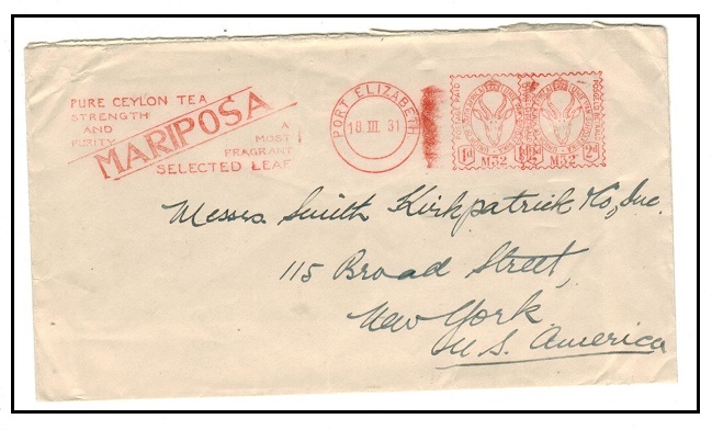 SOUTH AFRICA - 1931 1d+2d red meter mark cover to USA with 